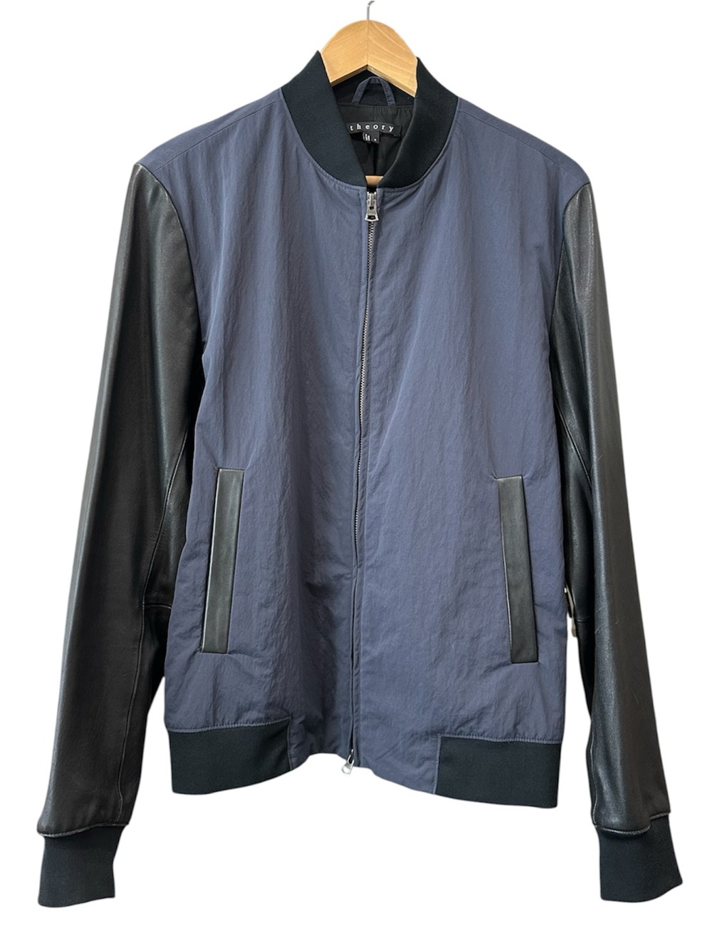 Theory Bomber Jacket Navy Nylon Lamb Leather Sleeve Full Zip Men's Size Small